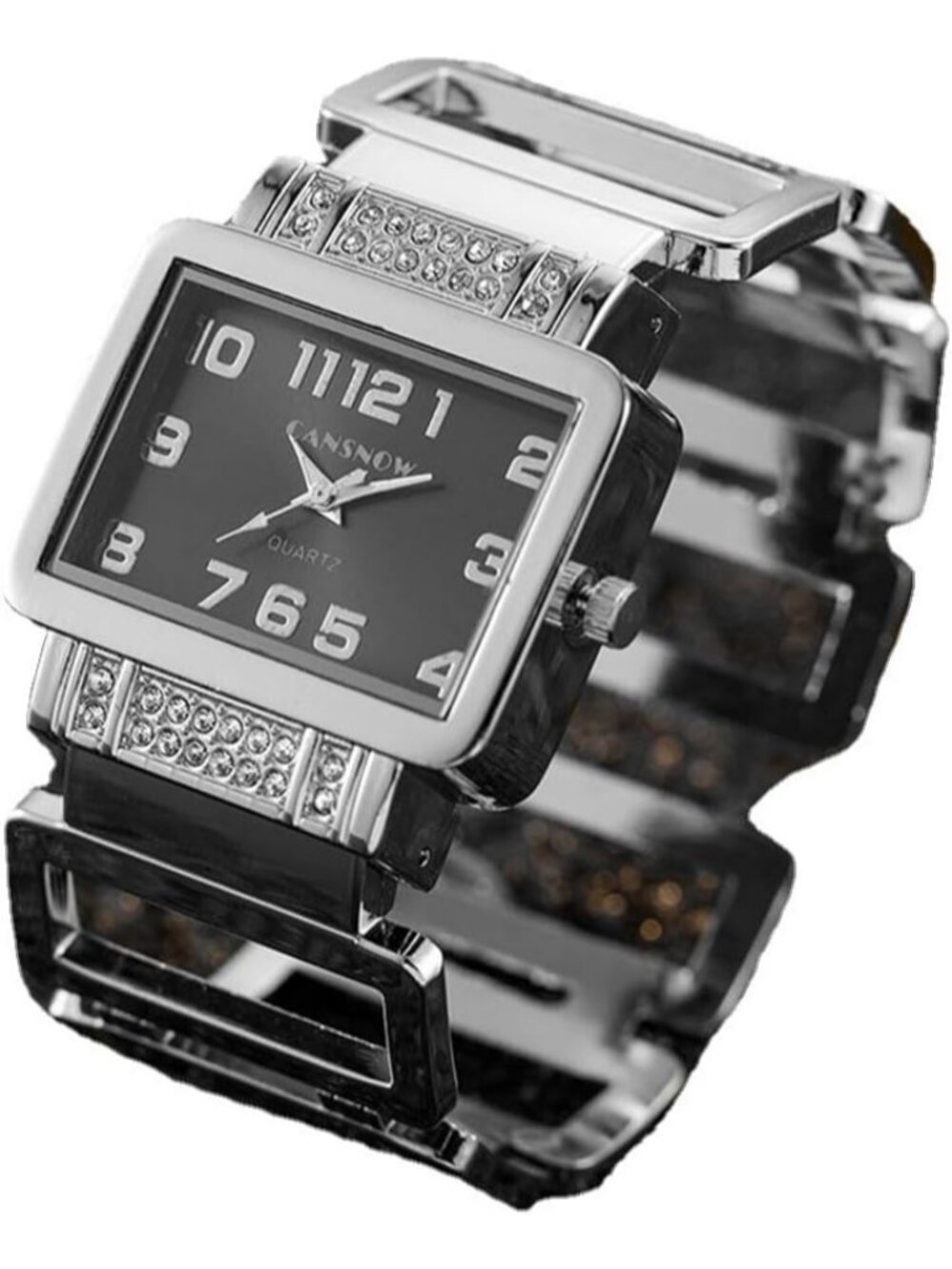 Women's Silver Crystal Rectangle Dial Cuff Bangle Bracelet Analog Quartz Watches